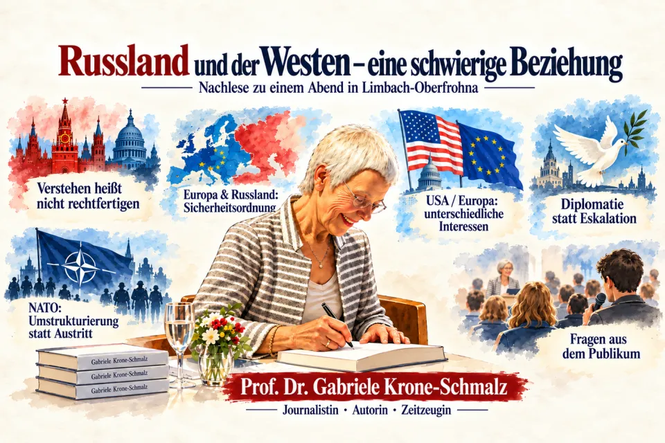 Zahlreiche interessierte Zuhörer verfolgten aufmerksam den Vortrag von Prof. Dr. Gabriele Krone-Schmalz in Limbach-Oberfrohna. Die bekannte Russlandexpertin, Journalistin und Buchautorin war von 1987 bis 1991 ARD-Korrespondentin in Moskau.	Collage: KURIER Verlag/Foto: sk